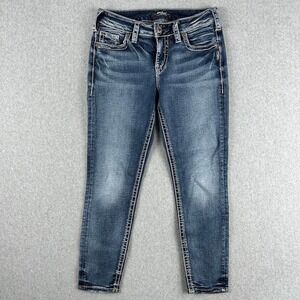 Silver Jeans Elyse Skinny Crop Womens W26 L25 Blue Denim Thick Stitch Low Rise